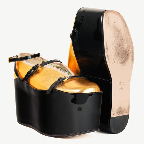 Gucci Gold & Black Patent Leather Hannelore Detachable Platform Flat - Picture 4 of 13